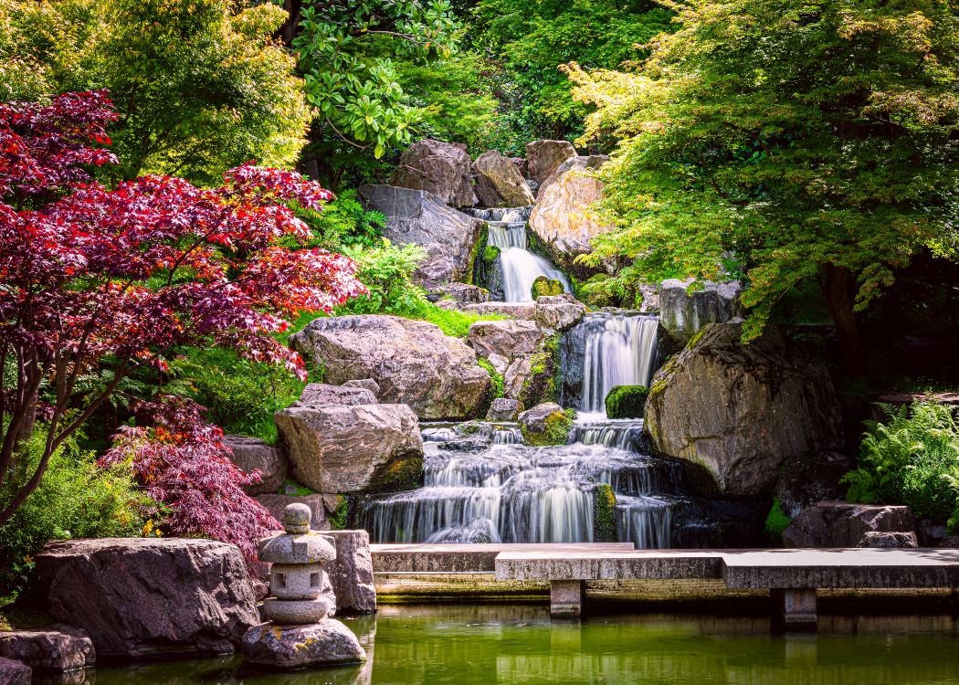 Green space with waterfall