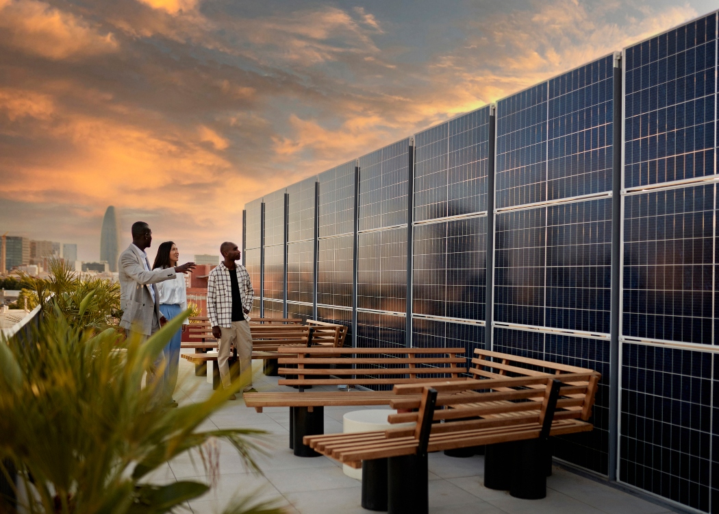 workers looking at solar panels